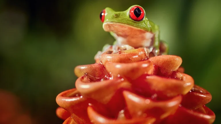 A red eyed tree frog perches on a beehive ginger flower.