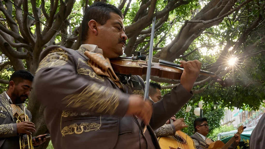 Mariachi violinist performs in the central Jardin of Guanajuato.