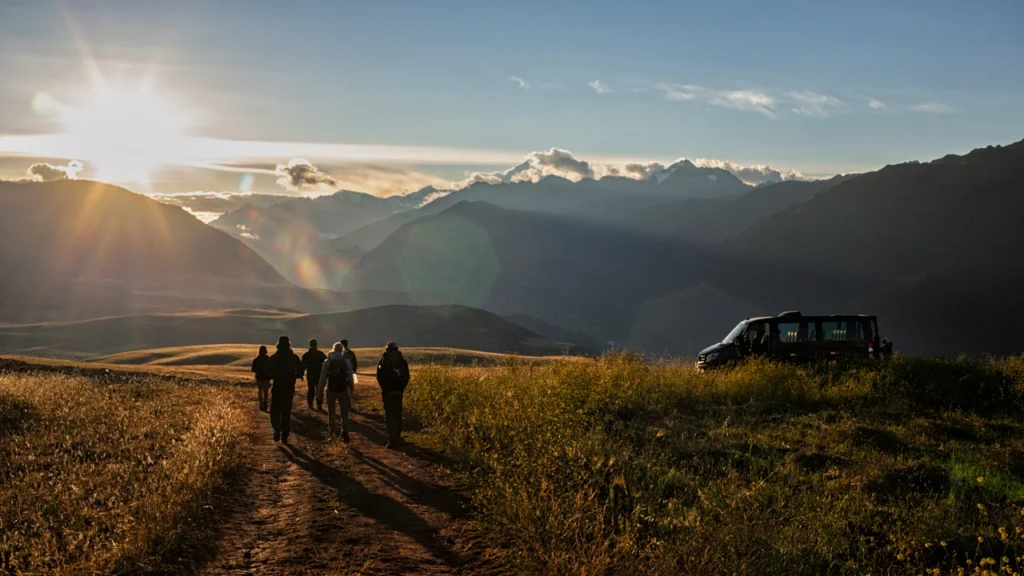 A photography tour group prepares to take sunset photographs in Peru.