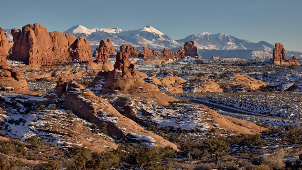 Snowy landscape with the La Sal mountains in the background, Arches National Park, Utah,