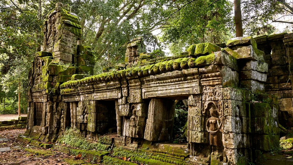 A photo of a ruins at Ta Prohm in Cambodia.