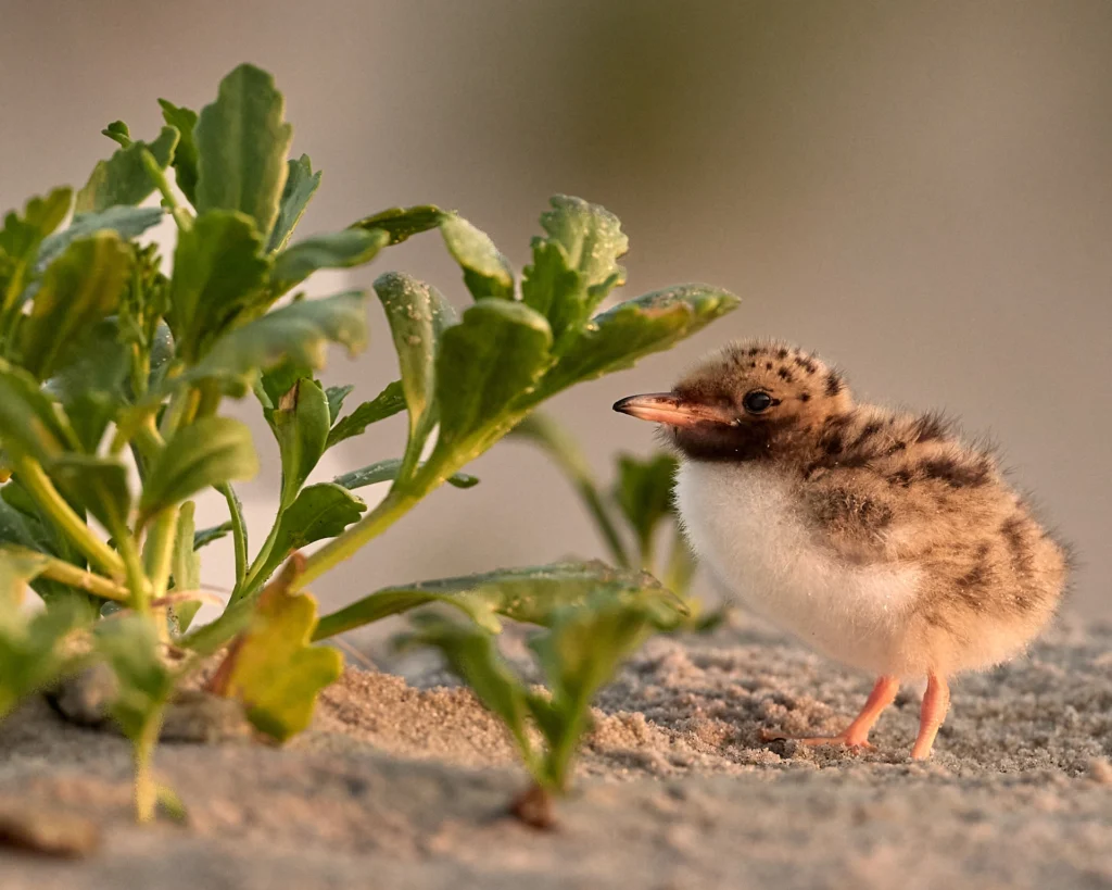 A Common Tern chick hides in Nickerson Beach vegetation.